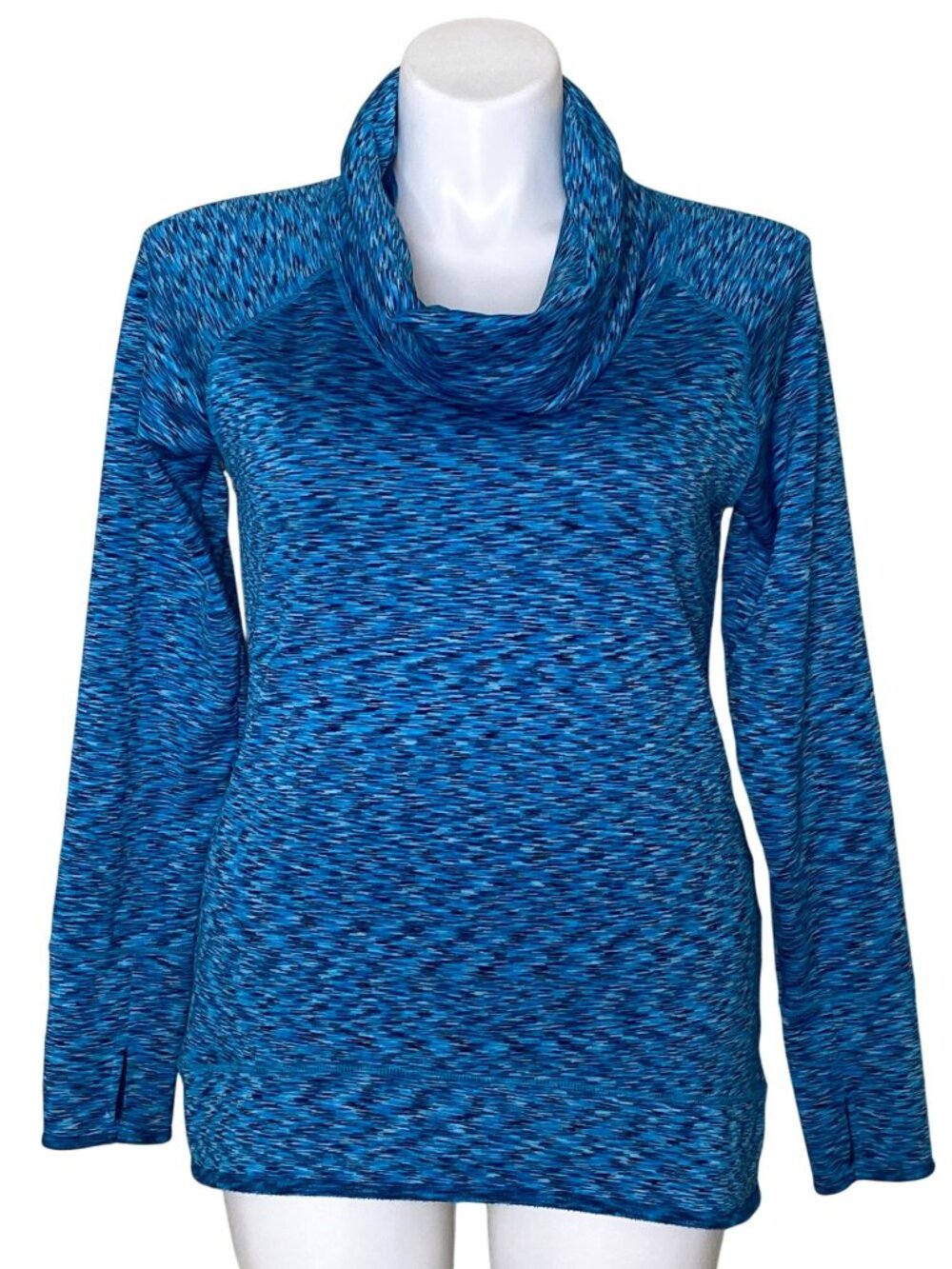Athleta Women's Blue Space Dye Tranquility Fleece Top, Pullover Cowl Neck Size L